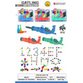 A product catalog sheet for Gatling Soft Bulle Gun, showing the retail packaging of three blue toy blasters, loose blue and orange toy pins, a set of black metal bolts, assembled colorful flower number and gear shapes, and a specification table at the bottom.