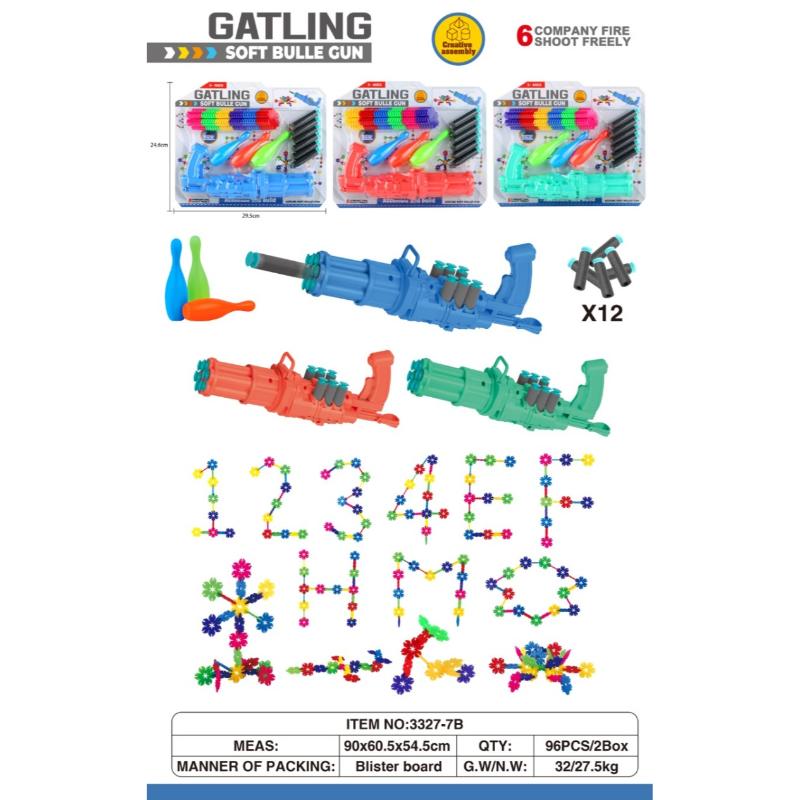A product catalog sheet for Gatling Soft Bulle Gun, showing the retail packaging of three blue toy blasters, loose blue and orange toy pins, a set of black metal bolts, assembled colorful flower number and gear shapes, and a specification table at the bottom.
