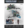 Product packaging and feature diagram for a toy fighter plane set. The package shows two remote-controlled silver fighter planes with green, blue, and orange accents, along with a remote control, dimensions, weight, and a product box.