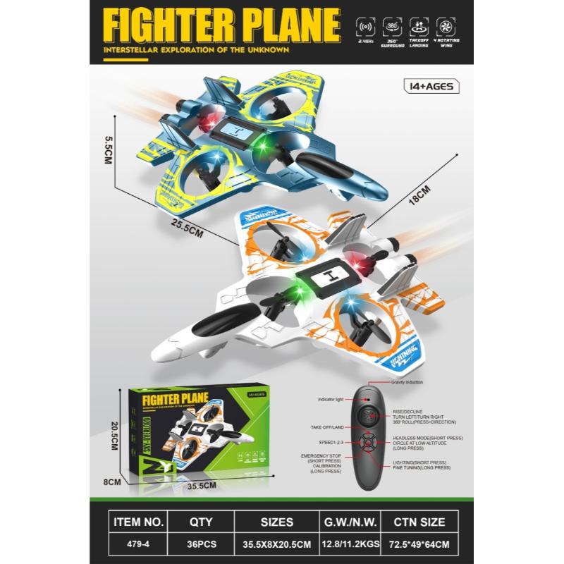 Product packaging and spec sheet for a toy fighter plane set. The sheet shows two toy planes with colorful decals, dimensions, a remote control, and a product box on a light gray background with a black header reading 'FIGHTER PLANE'.