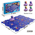 A children's space-themed puzzle toy set shown with its retail box, assembled puzzle mat, and four small purple toy cars. The image includes dimension labels for the mat and box, and the text 'Random X1Car' and '33059'.