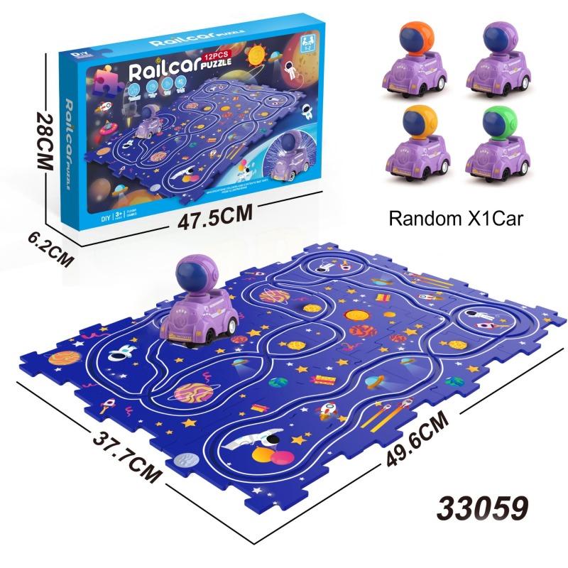 A children's space-themed puzzle toy set shown with its retail box, assembled puzzle mat, and four small purple toy cars. The image includes dimension labels for the mat and box, and the text 'Random X1Car' and '33059'.