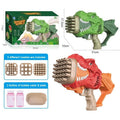 Dinosaur bubble blaster toy set shown with its retail box, dimensions, included nozzles, and two bubble water bottles on a white background.