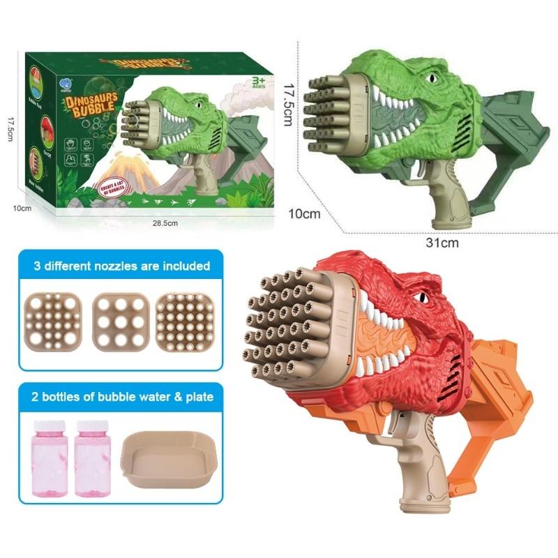 Dinosaur bubble blaster toy set shown with its retail box, dimensions, included nozzles, and two bubble water bottles on a white background.