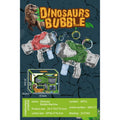 Dinosaur Bubble Machine product packaging and display card featuring two toy bubble guns shaped like a red T-Rex and a green Triceratops, along with the retail box and product specifications on a dark cracked-earth background.