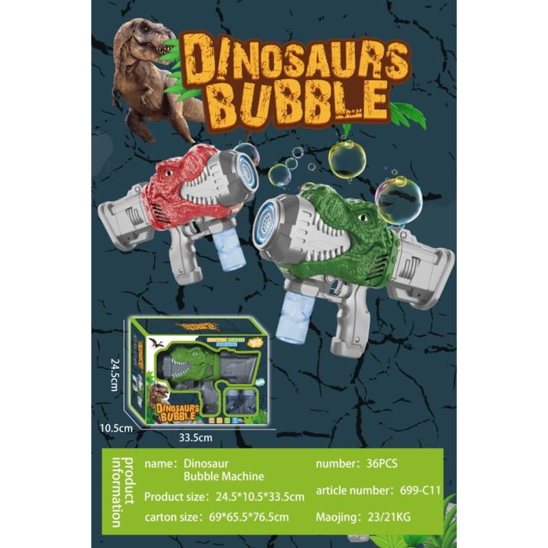 Dinosaur Bubble Machine product packaging and display card featuring two toy bubble guns shaped like a red T-Rex and a green Triceratops, along with the retail box and product specifications on a dark cracked-earth background.