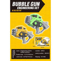 Product packaging for a 'Bubble Gun Engineering Set' featuring three toy vehicle bubble machines in yellow, green, and gray, displayed on a bright yellow background with product specifications listed at the bottom.