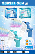 A bubble gun toy shown with its retail packaging and dimensions on a blue underwater-themed background. The product is a shark-shaped bubble gun in two colors: light blue and dark blue, with white handles and clear bubble-producing nozzles.
