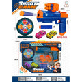 Toy shooting game set with a blue and orange toy gun, a dartboard target, six foam darts, two small toy cars, and the retail box on a white background with measurement labels.