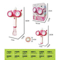 Pink and white bubble machine toy shown with multiple dimensions, packaging box, and a green specification table at the bottom on a white background.