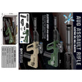 A toy electric assault rifle set shown on a product information card, including the retail box, a small parts diagram, a specification label, and three views of the blaster: beige, green, and black. The card includes text such as 'ELECTRIC ASSAULT RIFLE,' 'ELECTRIC GEL BALL BLASTER,' and 'DIY.