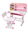 A children's adjustable desk and chair set by BabyLand, decorated in pink and white with colorful accents, shown in a bright, styled children's room.