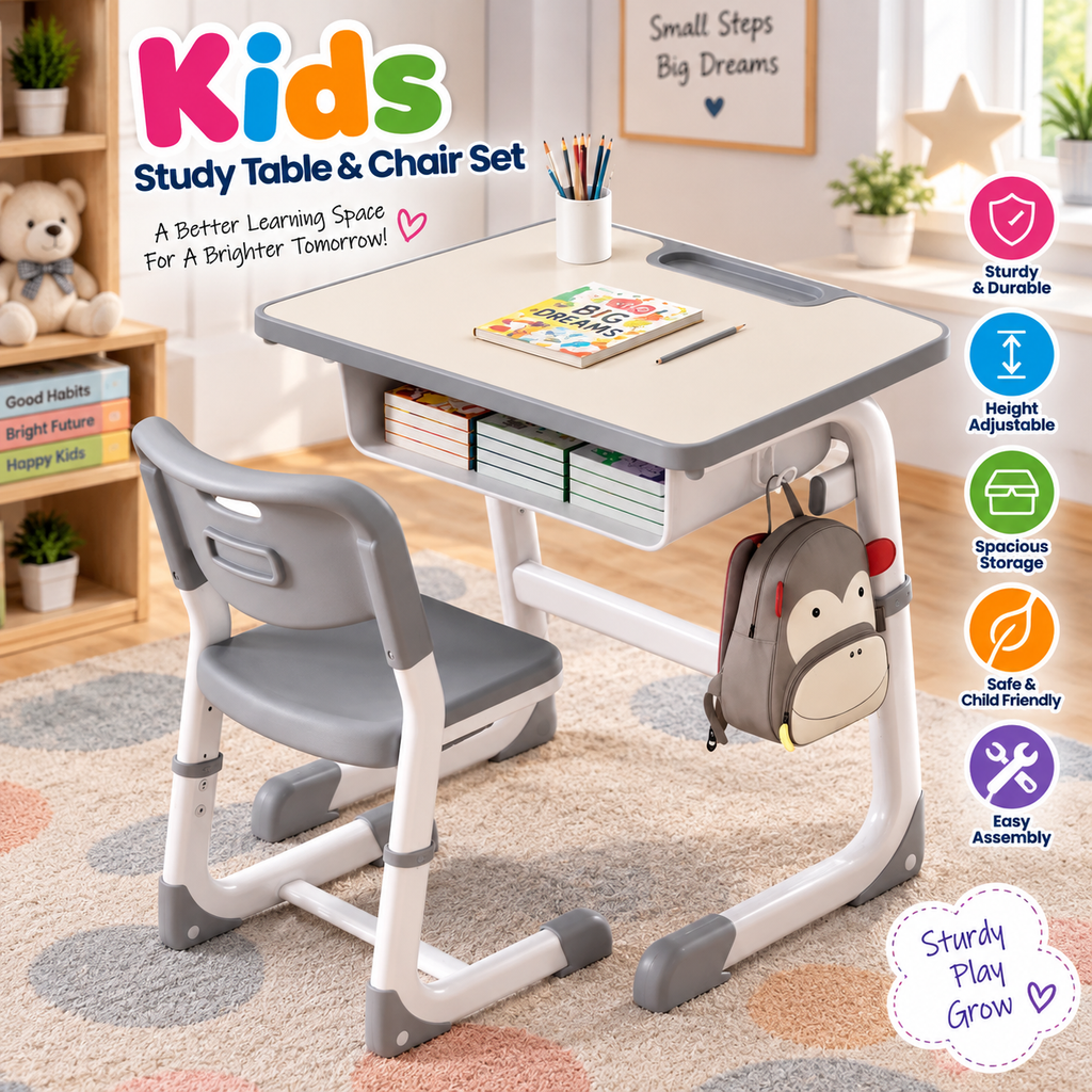 Kids study table and chair set in a bright room, featuring a white and gray adjustable desk with a chair, storage drawer, and side pocket holding a monkey backpack. The image includes feature icons on the right and a 'Kids Study Table & Chair Set' title at the top.