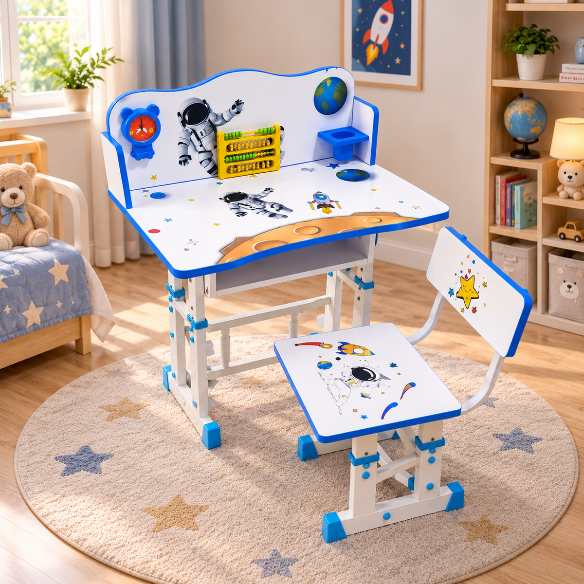 A children's adjustable desk and matching chair set with a space theme, featuring astronaut illustrations, a moon graphic, and blue trim, shown in a decorated children's bedroom.