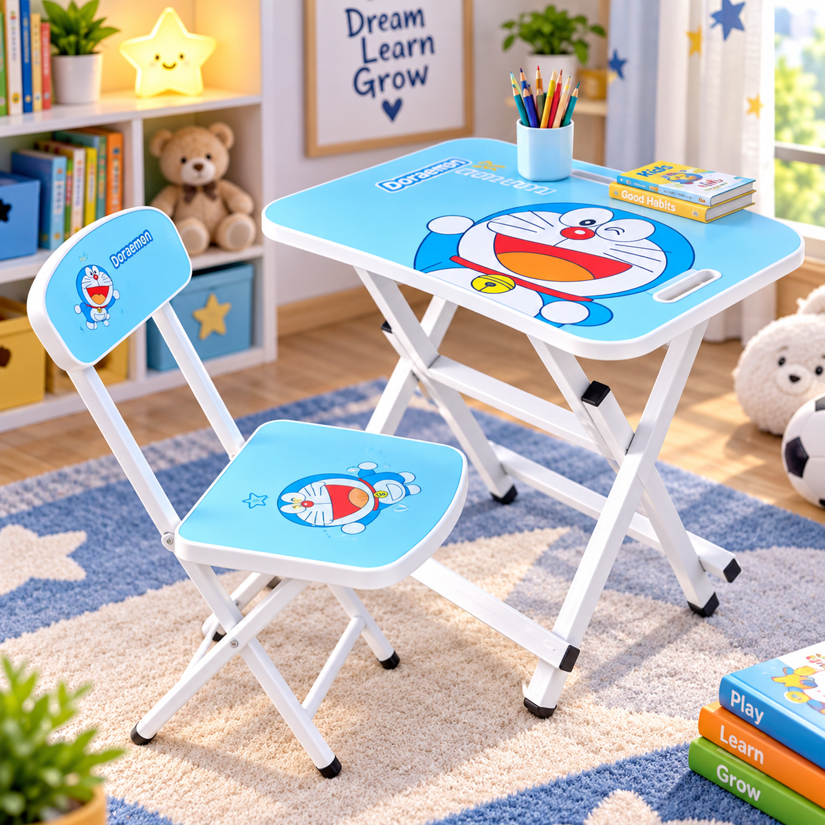 A children's folding desk and chair set with a bright blue Doraemon-themed print, shown in a styled room setting with a bookshelf, rug, and toys.