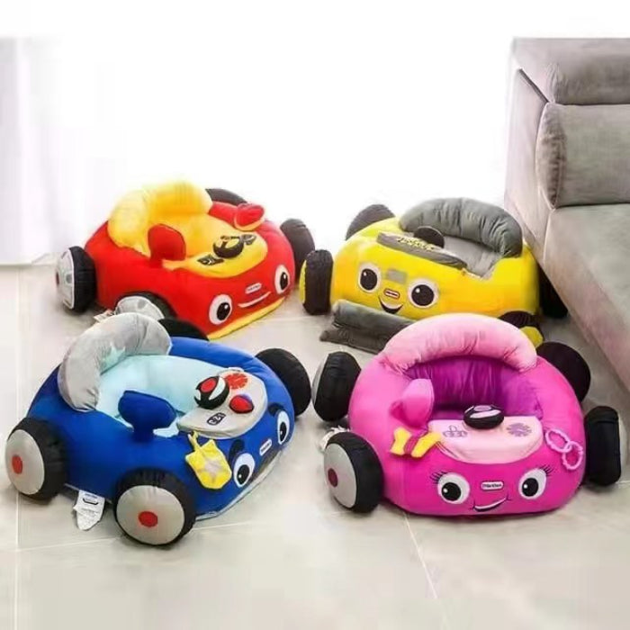 Four colorful children's car seats on a tiled floor.