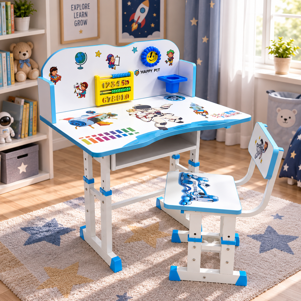Adjustable children's desk and chair set with a white and light blue design, decorated with cartoon space-themed graphics, shown in a styled children's room.