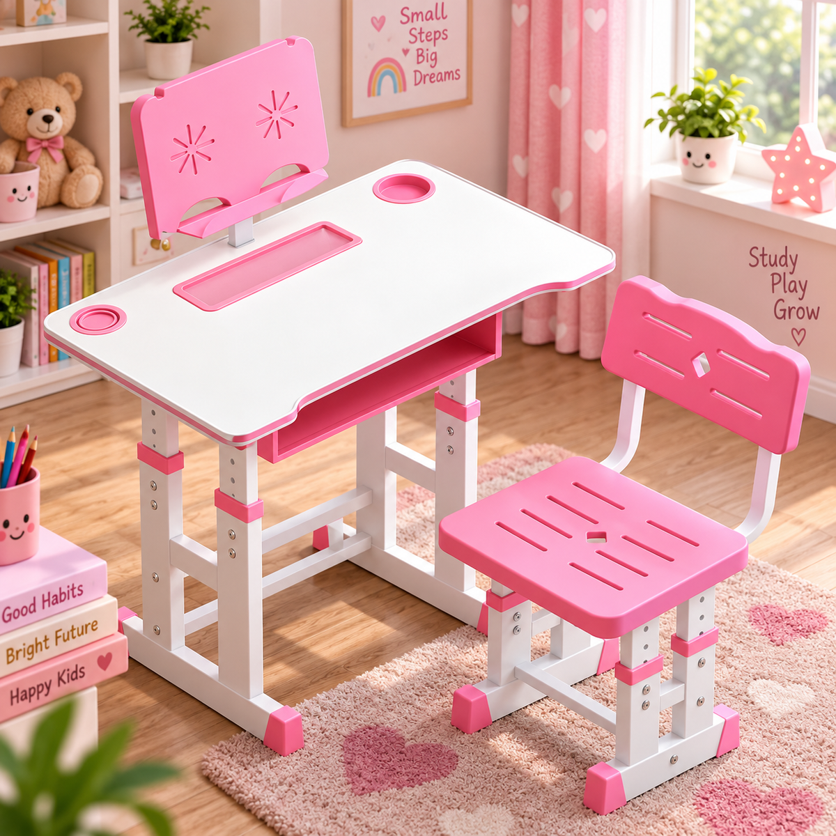 Adjustable children's desk and chair set in pink and white, styled in a cozy, decorated children's room with books, plants, and a teddy bear.