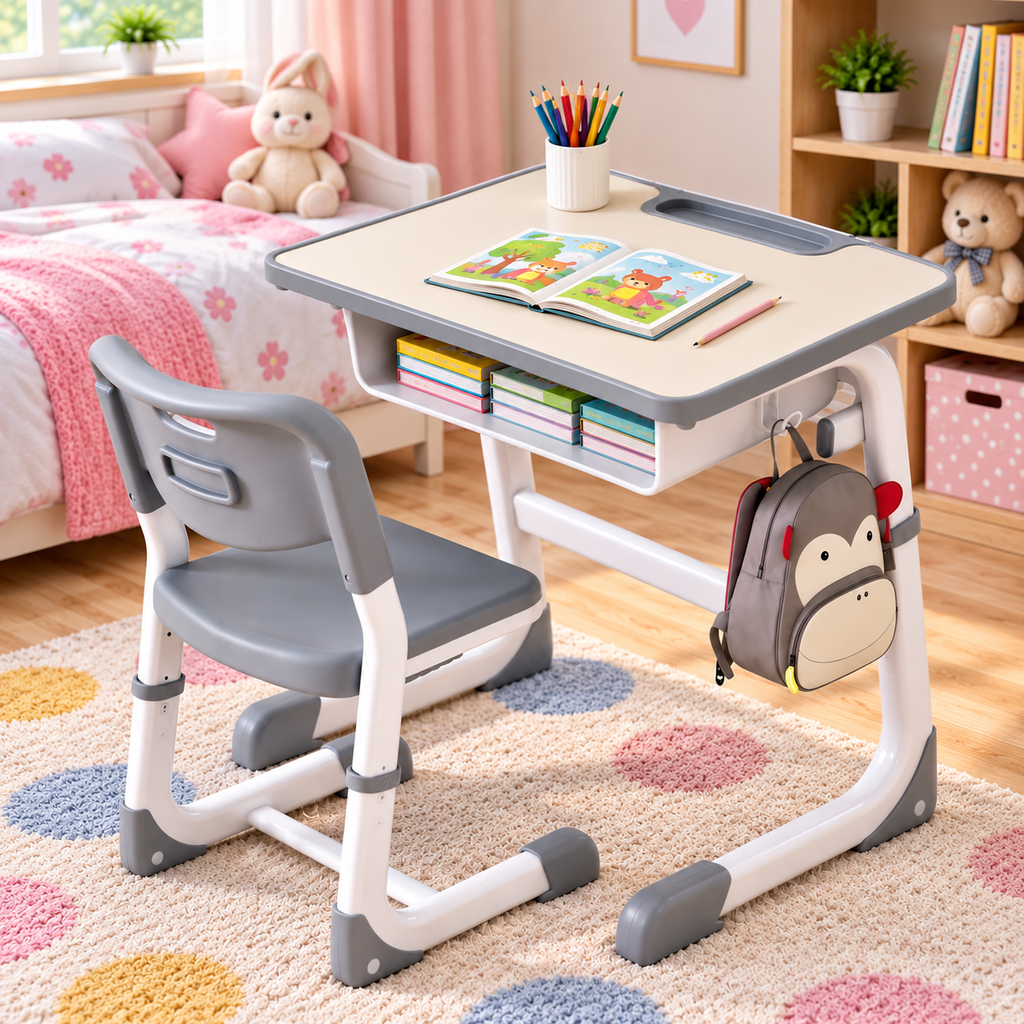 A children's desk and chair set in a bright bedroom. The desk is cream-colored with gray trim and built-in storage shelves, accompanied by a matching gray and white chair.