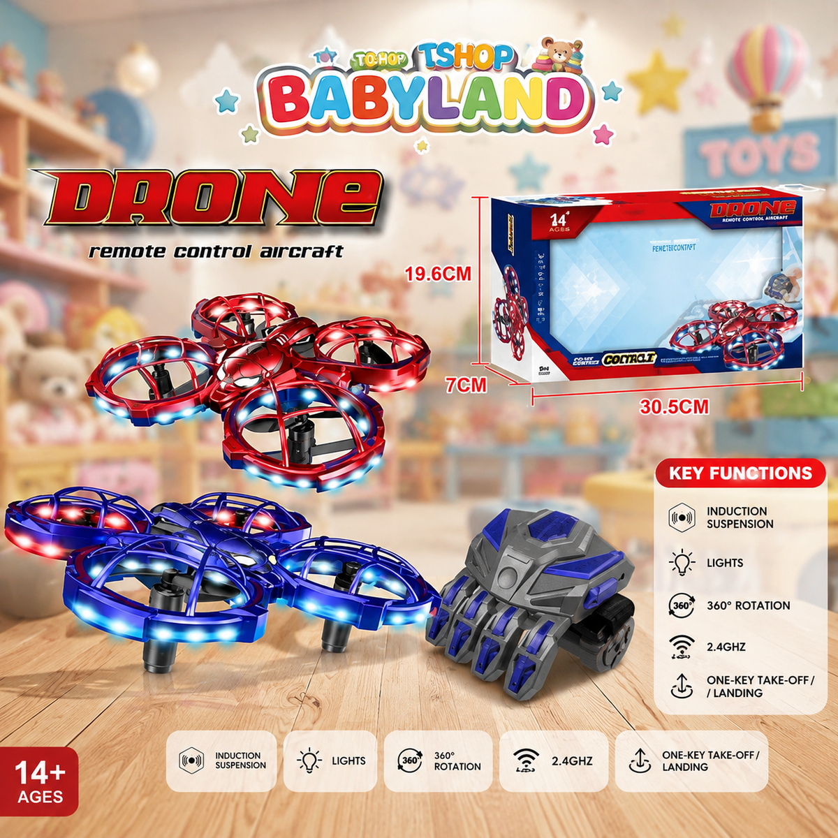A toy remote control drone set shown on a wooden floor with a blurred toy store background. The set includes a red and blue quadcopter drone, a blue and gray tank-like remote control vehicle, and the product box.