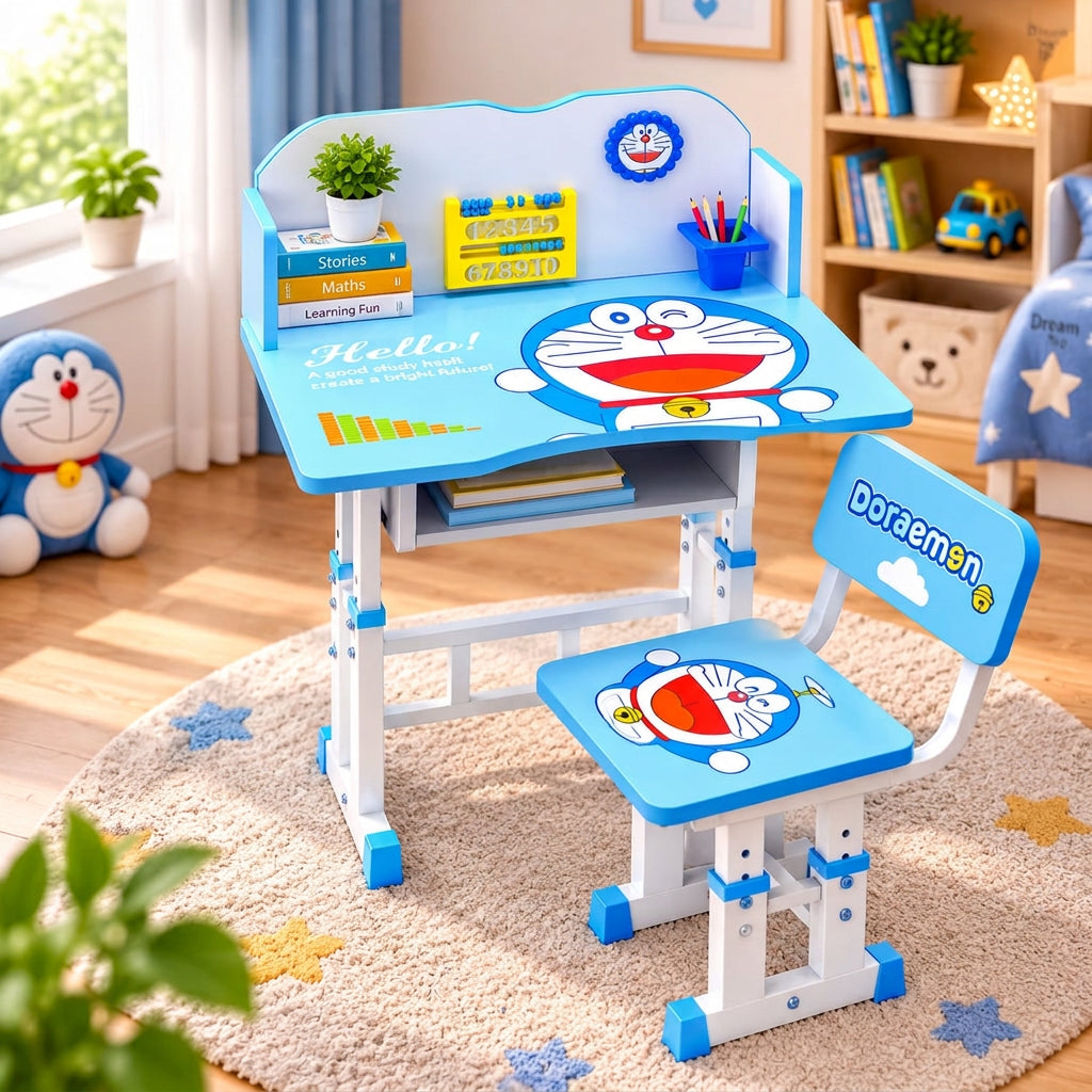 A children's height-adjustable desk and chair set in bright blue and white, decorated with Doraemon graphics, shown in a styled children's room setting.