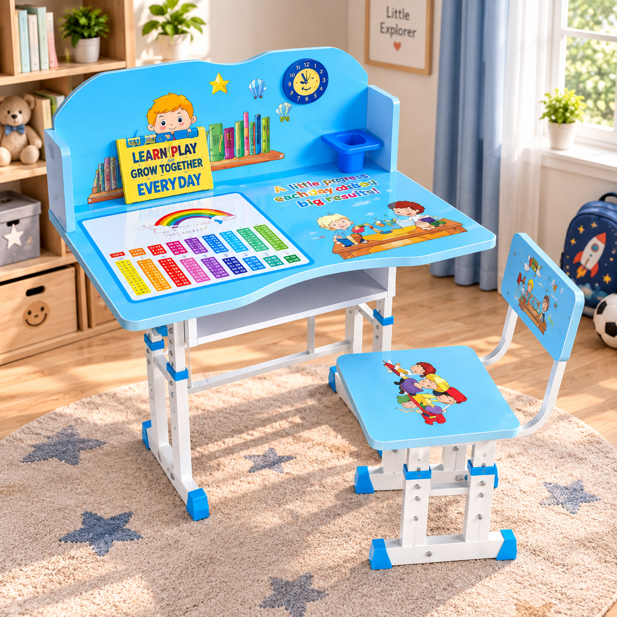 Adjustable children's desk and chair set in a bright room. The set features a light blue and white desk with colorful educational graphics, a matching chair, and a small blue storage box on a patterned rug.