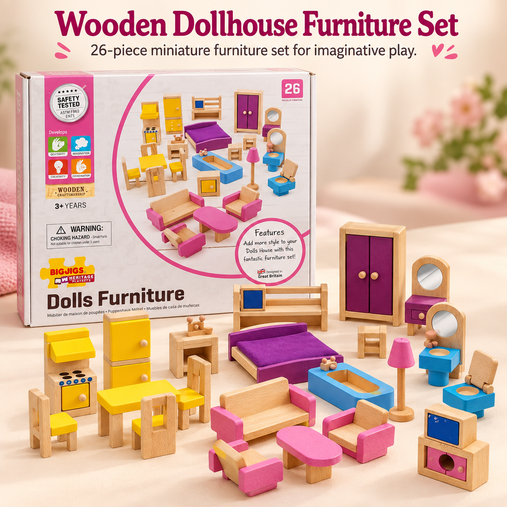 A wooden dollhouse furniture set displayed in front of its retail box. The set includes multiple miniature furniture pieces in natural wood with bright pink, purple, blue, yellow, and green accents, arranged on a light beige surface.