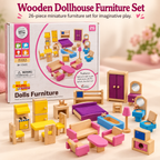 A wooden dollhouse furniture set displayed in front of its retail box. The set includes multiple miniature furniture pieces in natural wood with bright pink, purple, blue, yellow, and green accents, arranged on a light beige surface.