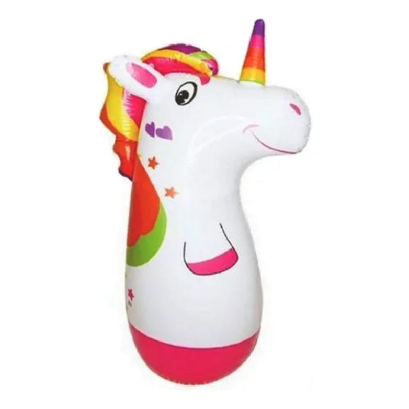 Colorful inflatable unicorn toy on a white background