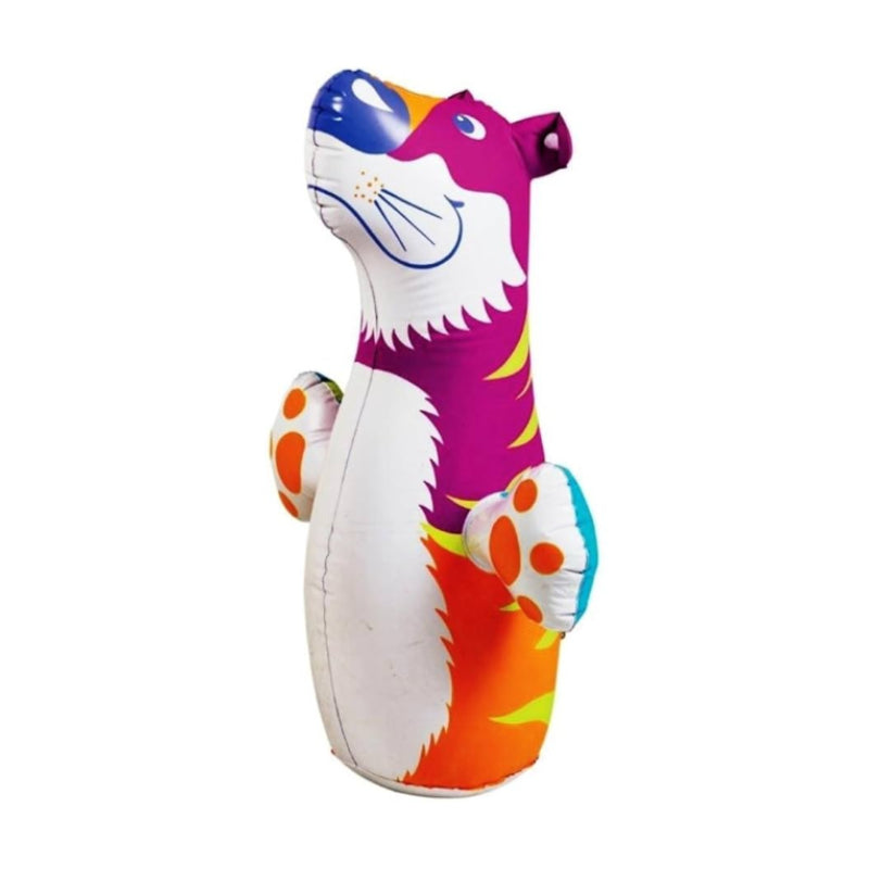 Colorful inflatable dog toy with a cartoon design on a white background