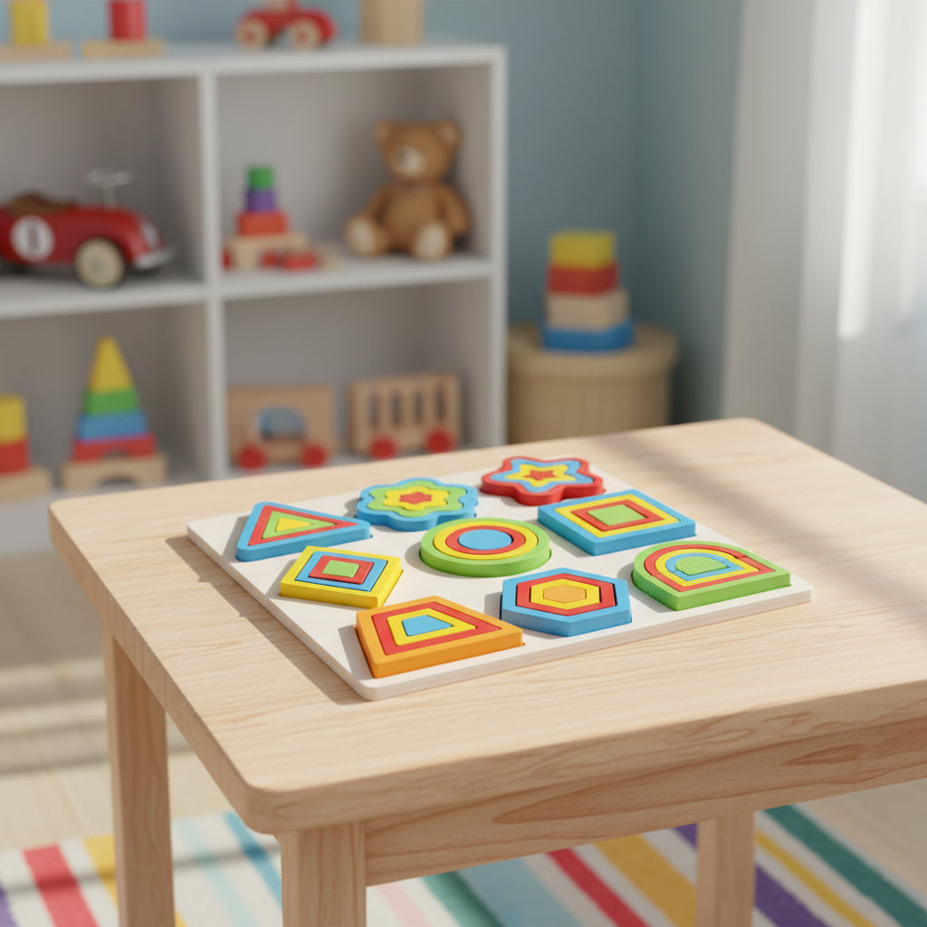 Colorful geometric shapes on a white board on a wooden table with toys in the background