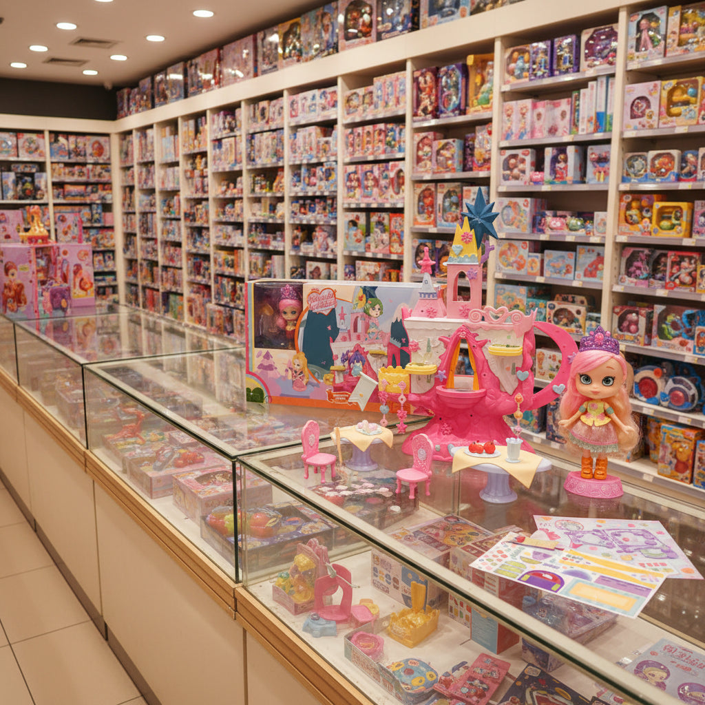 Toy store display with various toys and a pink toy castle.
